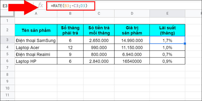 V&iacute; dụ về h&agrave;m RATE